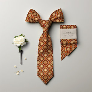 Burnt Orange Rhombus Diamonds Vintage Floral Men's Neck Tie