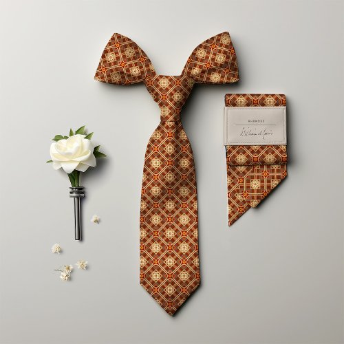 Burnt Orange Rhombus Diamonds Vintage Floral Mens Neck Tie