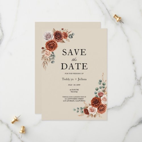 Burnt Orange Rose and Pampas Grass Save the Date