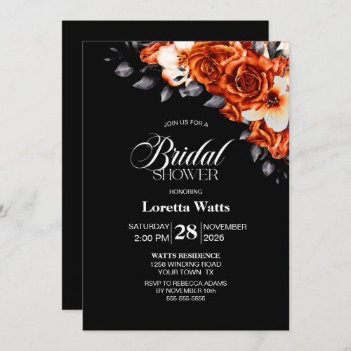 Burnt Orange Rose Floral Black Bridal Shower Invitation