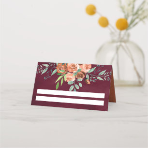 Burnt Orange Roses Floral Burgundy Wedding Place Card