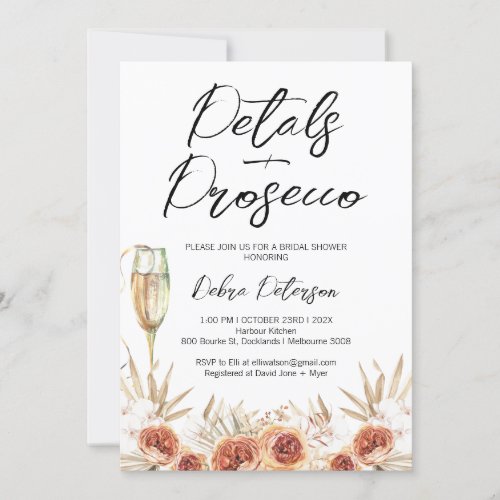 Burnt Orange Roses Petals Prosecco Bridal Shower Invitation