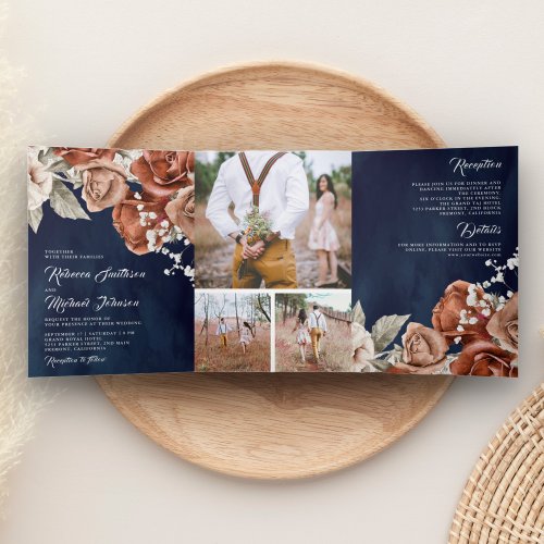 Burnt Orange Roses Photo Collage Navy Blue Wedding Tri_Fold Invitation