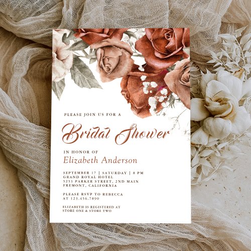 Burnt Orange Roses Terracotta Floral Bridal Shower Invitation