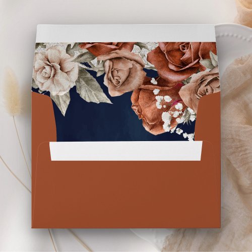 Burnt Orange Roses Terracotta Floral Navy Blue Envelope