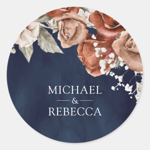 Burnt Orange Roses Terracotta Floral Navy Wedding Classic Round Sticker