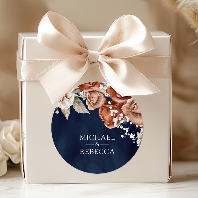 Burnt Orange Roses Terracotta Floral Navy Wedding Classic Round Sticker (Creator Uploaded)