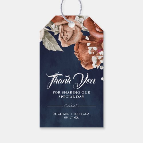 Burnt Orange Roses Terracotta Floral Navy Wedding Gift Tags