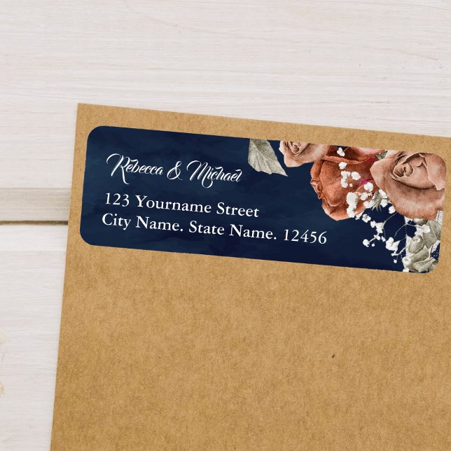 Burnt Orange Roses Terracotta Floral Navy Wedding Label (Creator Uploaded)