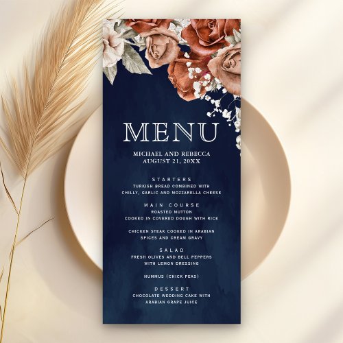 Burnt Orange Roses Terracotta Floral Navy Wedding Menu