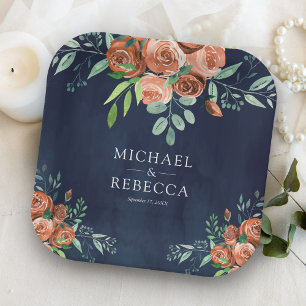 Burnt Orange Roses Terracotta Floral Navy Wedding Paper Plates