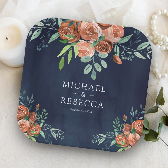 Burnt Orange Roses Terracotta Floral Navy Wedding Paper Plates (Creator Uploaded)