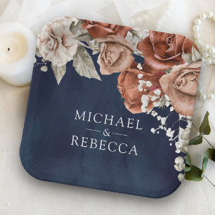 Burnt Orange Roses Terracotta Floral Navy Wedding Paper Plates