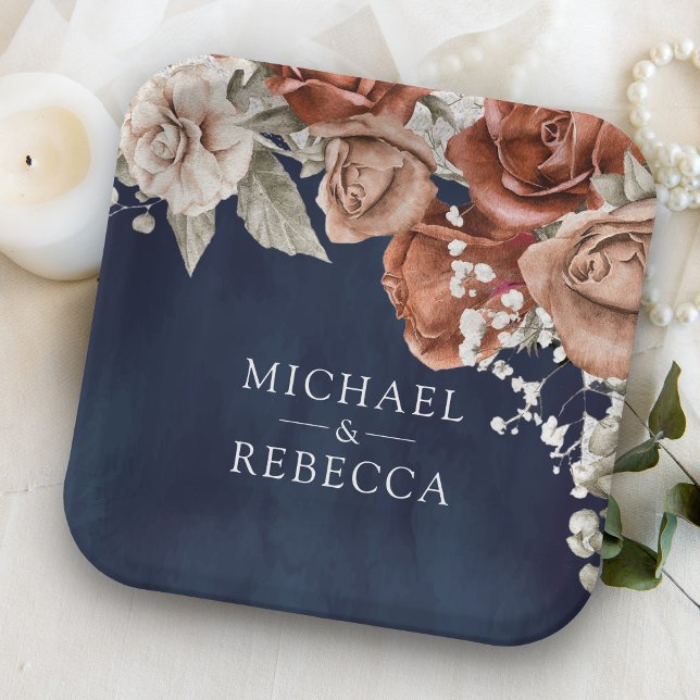 Burnt Orange Roses Terracotta Floral Navy Wedding Paper Plates (Creator Uploaded)