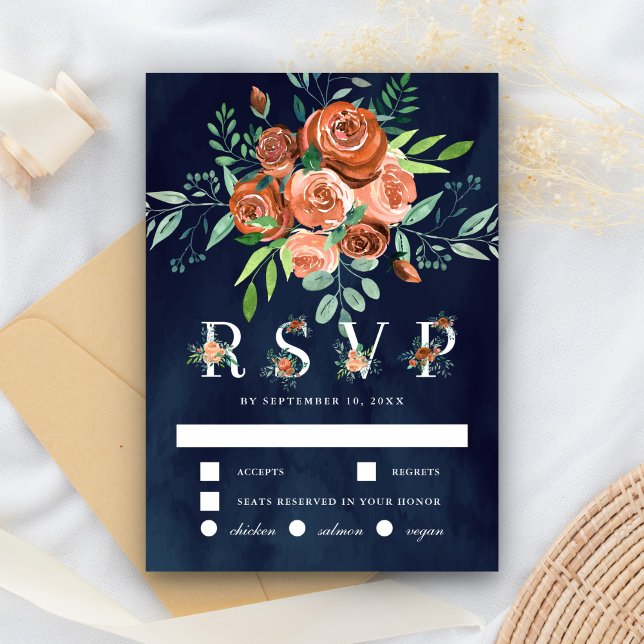 Burnt Orange Roses Terracotta Floral Navy Wedding RSVP Card (Creator Uploaded)