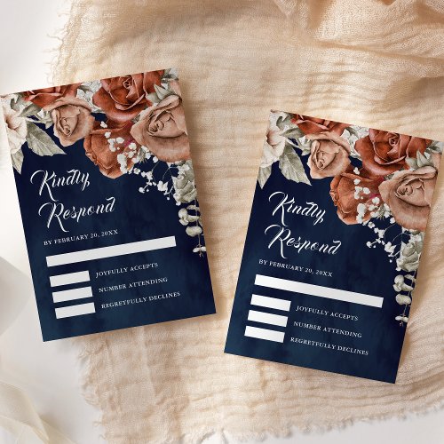 Burnt Orange Roses Terracotta Floral Navy Wedding RSVP Card