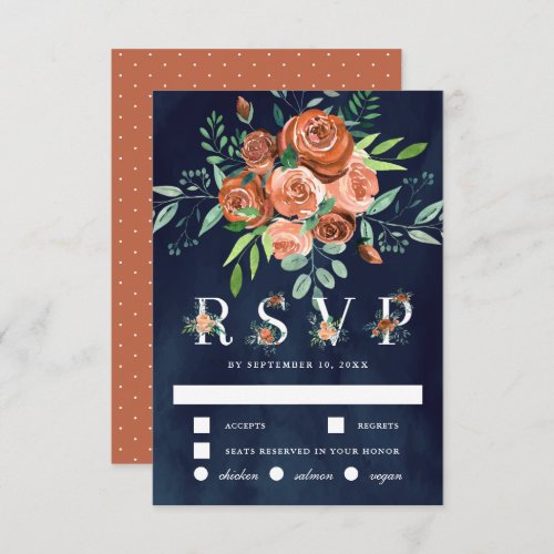 Burnt Orange Roses Terracotta Floral Navy Wedding RSVP Card