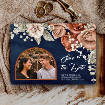 Burnt Orange Roses Terracotta Floral Navy Wedding Save The Date by ShabzDesigns at Zazzle