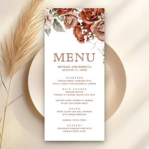 Burnt Orange Roses Terracotta Floral Wedding Menu