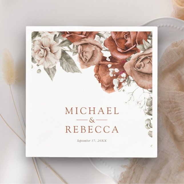 Burnt Orange Roses Terracotta Floral Wedding Napkins (Creator Uploaded)