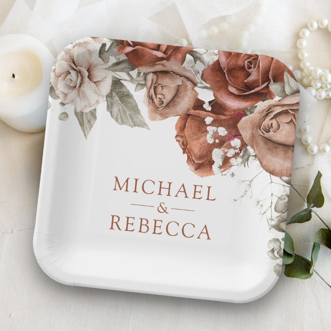 Burnt Orange Roses Terracotta Floral Wedding Paper Plates (Creator Uploaded)