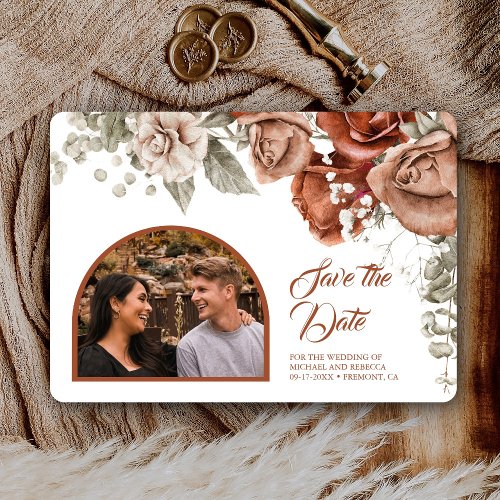 Burnt Orange Roses Terracotta Floral Wedding Photo Save The Date
