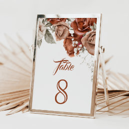 Burnt Orange Roses Terracotta Floral Wedding Table Number