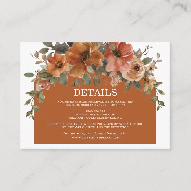 Burnt Orange Rust Copper Floral Wedding Details Enclosure Card (Front)