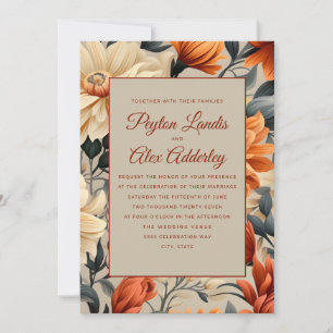 Burnt Orange Rust Cream Autumn Floral Wedding Invitation