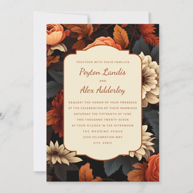 Burnt Orange Rust  Cream Fall Floral Wedding Invitation (Front)