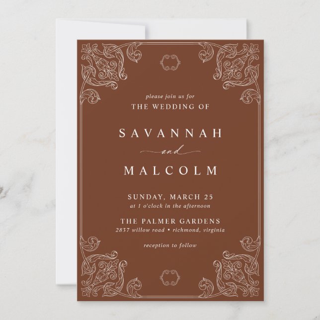Burnt Orange Rust | Elegant Vintage Fall Wedding Invitation (Front)