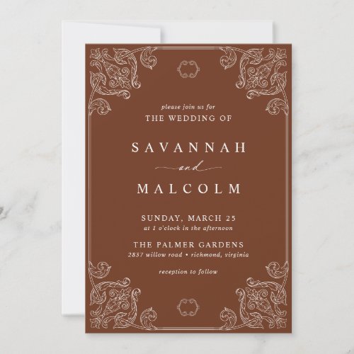 Burnt Orange Rust  Elegant Vintage Fall Wedding Invitation