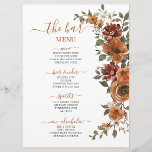 Burnt Orange Rust Floral Fall Wedding Drinks Bar Menu