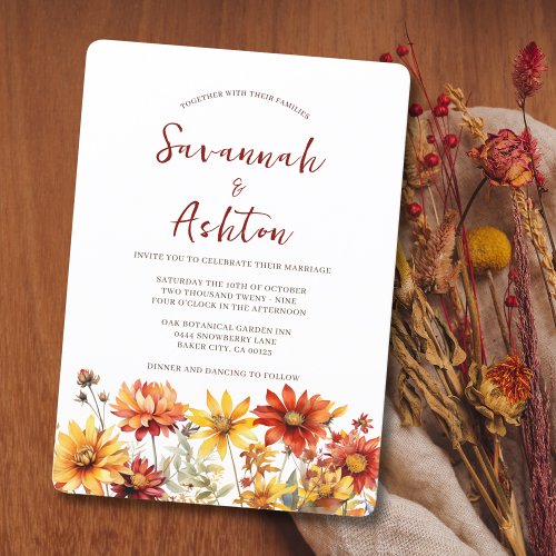 Burnt Orange Rust Floral Fall Wedding Invitation