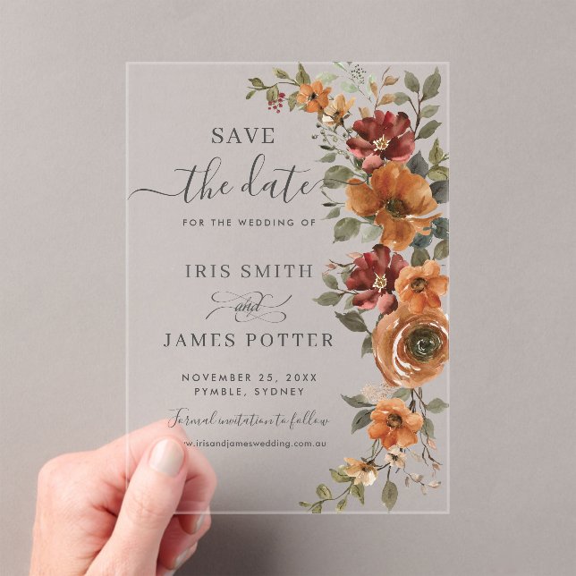 Burnt Orange Rust Floral Wedding Save the Date (Insitu (Handheld))