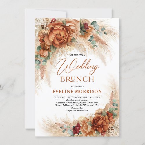 Burnt orange rust flowers pampas wedding brunch invitation