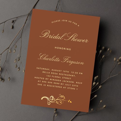 Burnt orange rust gold script luxury bridal shower invitation