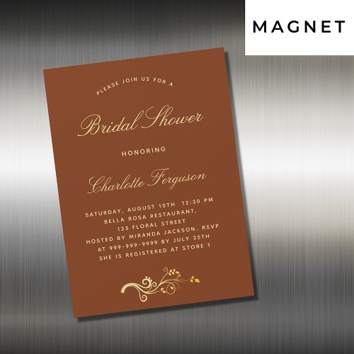 Burnt orange rust gold script luxury bridal shower magnetic invitation