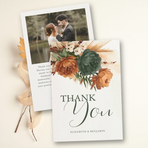 Burnt Orange Rust Green Boho Pampas Fall Wedding Thank You Card