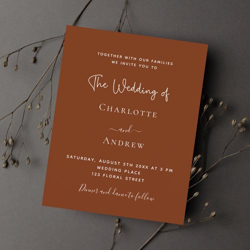 Burnt orange rust script budget wedding invitation