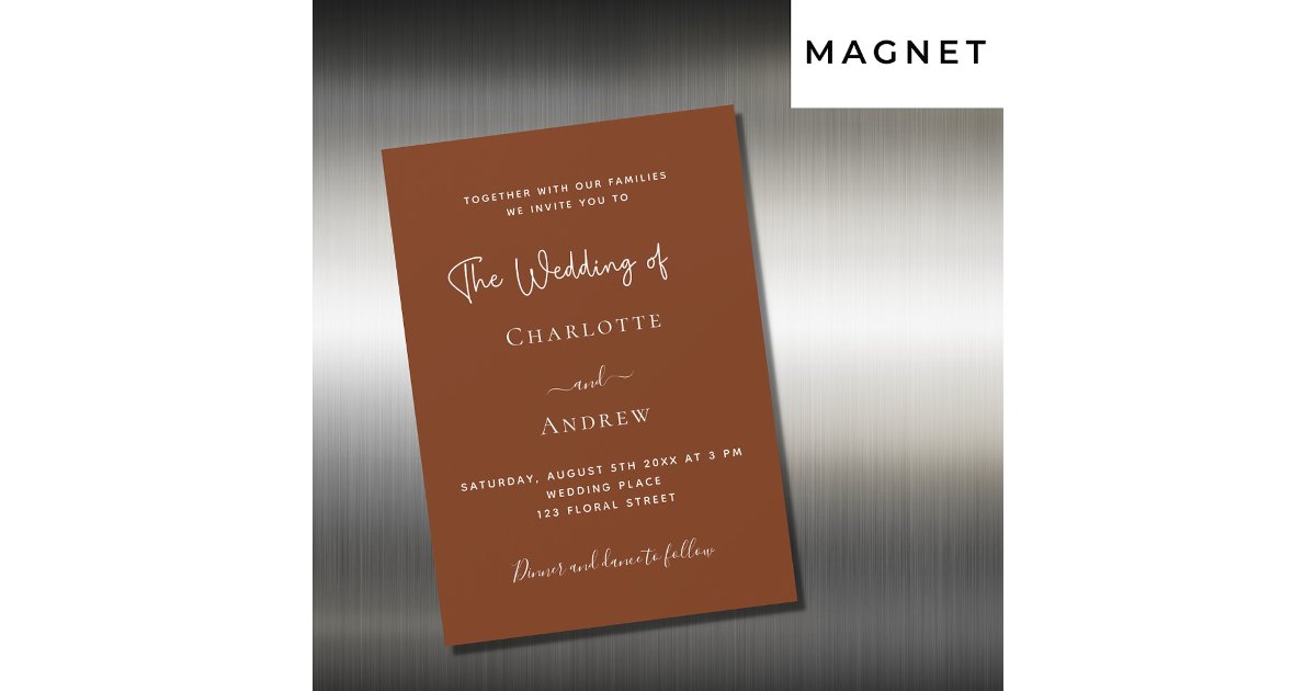 Burnt orange rust script luxury wedding magnetic invitation | Zazzle