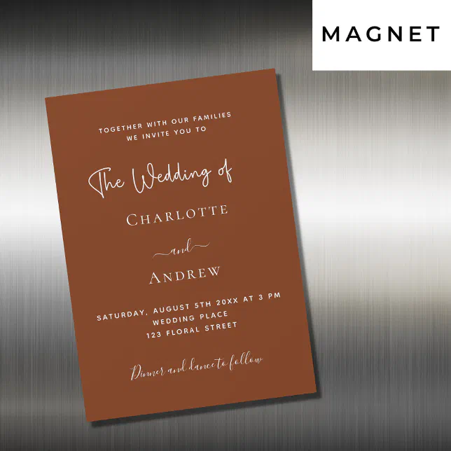 Burnt orange rust script luxury wedding magnetic invitation | Zazzle