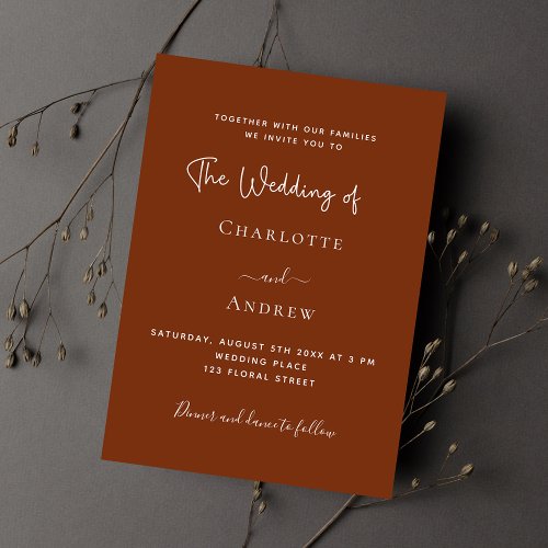 Burnt orange rust script wedding invitation postcard