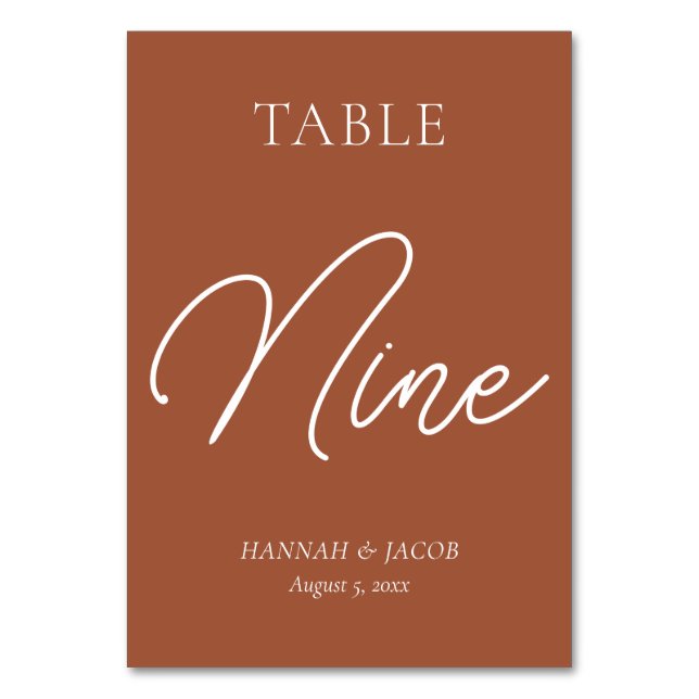 Burnt Orange Rust Wedding Nine Table Number (Front)
