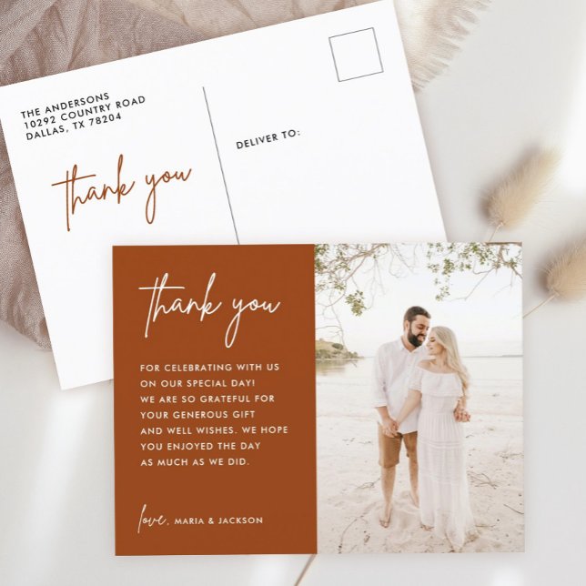 Burnt Orange Rust Wedding Photo Thank You Postcard (Creator Uploaded)