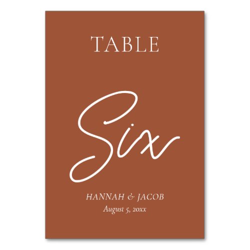 Burnt Orange Rust Wedding Six Table Number