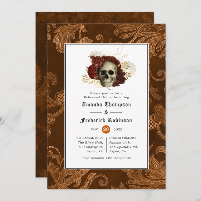 Burnt Orange Rustic Damask Gothic Rehearsal Dinner Invitation (Front/Back)