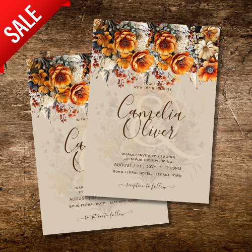 Burnt Orange Rustic Fall Floral Winter Boho Script Invitation