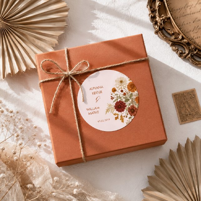 Burnt Orange Rustic Fall Leaves Wedding  Classic Round Sticker (Creator Uploaded)
