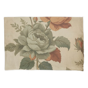 Burnt Orange Sage Green Vintage Floral Print Pillow Case